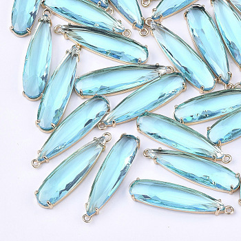 Transparent Glass Pendants, for DIY Jewelry Making, with Brass Findings, Faceted, Teardrop, Light Gold, Aqua, 32x8x4mm, Hole: 1.2mm