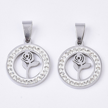201 Stainless Steel Pendants, with Random Size Snap On Bails and Polymer Clay Crystal Rhinestones, Flat Round with Rose, Stainless Steel Color, 23x20x2.5mm, Hole: 8~10x3~5mm