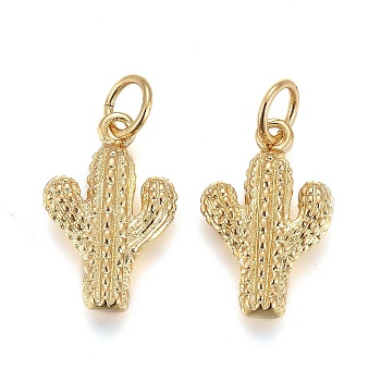 10Pcs Brass Pendants, with Jump Rings, Long-Lasting Plated, Cactus, Real 18K Gold Plated, 15x10x3mm, Hole: 3mm