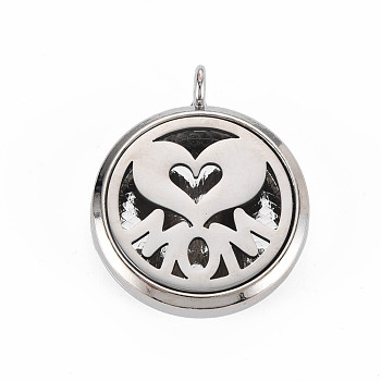 Alloy Diffuser Locket Pendants, with Stainless Steel Cover and Magnet, Magnetic, Cadmium Free & Nickel Free & Lead Free, Flat Round with Heart & Mom, Mother's Day, Platinum, 36x30x6.5mm, Hole: 3.5mm, Inner Diameter: 23mm