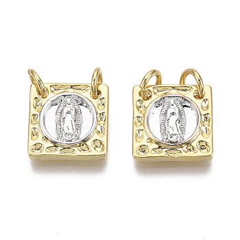 Brass Charms, with Jump Ring, Nickel Free, Square with Saint, Real 18K Gold Plated & Platinum, 12x12x2mm, Hole: 3mm