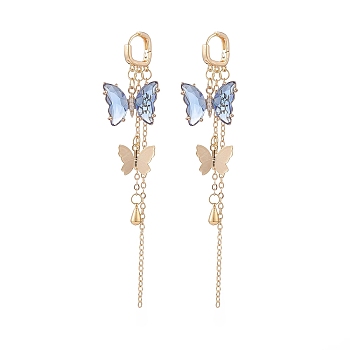 Glass Butterfly Dangle Hoop Earrings with Clear Cubic Zirconia, Golden Brass Long Tassel Earrings for Woman, Cornflower Blue, 95mm, Pin: 1mm