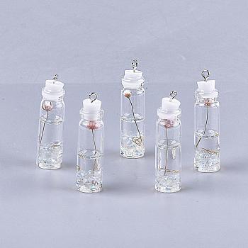 Glass Bottle Decorations, with Resin & Dried Flower, with Resin Tampions and Iron Findings, Clear, 42~44x11mm, Hole: 2mm