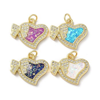 Valentine's Day Brass Micro Pave Clear Cubic Zirconia Pendants, with Synthetic Opal, Real 18K Gold Plated, Heart with with Bowknot Charms, Mixed Color, 16x19x3mm, Hole: 3.5mm