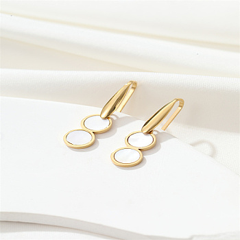 304 Stainless Steel Dangle Earrings, Flat Round, Real 18K Gold Plated, 33.6x7.7mm