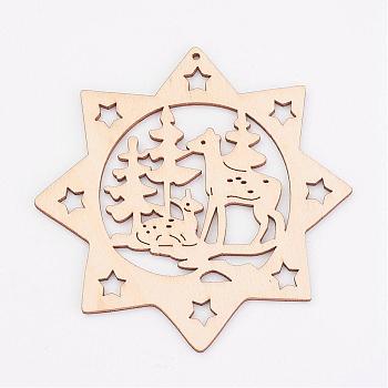 Undyed Wooden Pendants, Eight Pointed Star, for Christmas Theme, Antique White, 100x100x2.5mm, Hole: 2mm