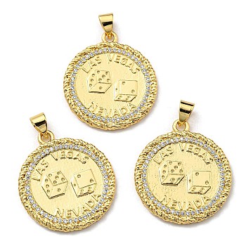 Brass with Cubic Zirconia Pendants, Long-Lasting Plated, Lead Free & Cadmium Free, Flat Round with Dice Charm, Real 18K Gold Plated, 26x22.5x2mm, Hole: 3x4.5mm
