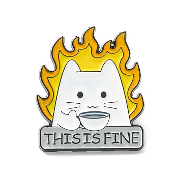Word This is Fine Alloy Brooch, Cat with Fire Lapel Pin for Backpack Clothes, Electrophoresis Black, Yellow, 28.5x24.5x1.5mm, Pin: 1mm