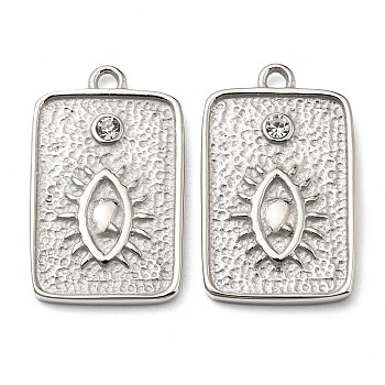 304 Stainless Steel Pendants, with Crystal Rhinestone, Rectangle with Evil Eye Charm, Stainless Steel Color, 23x14x2.5mm, Hole: 1.6mm