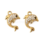 304 Stainless Steel Charms, with Cubic Zirconia, Ion Plating(IP), Dolphin, 14.5x10.5x3.5mm, Hole: 1.4mm(X1-STAS-F321-01G-03)