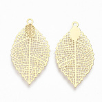 Brass Pendants, Filigree Findings, Leaf, Real 18K Gold Plated, 27x15x0.2mm, Hole: 1.2mm(X-KK-S348-286A)
