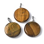 Natural Tiger Eye Pendants, Disc Charms with Platinum Tone Brass Findings, 29x25x6mm, Hole: 7x4mm(G-A259-04P-02)