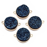 Natural Druzy Agate Links Connectors, with Light Gold Brass Findings, Dyed, Flat Round, Marine Blue, 24x18x6.5~7.5mm, Hole: 1.8mm(G-T131-86F)