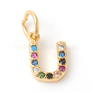 Brass Micro Pave Colorful Cubic Zirconia Charms, Golden, Letter.U, 8.5x6x2mm, Hole: 3mm(ZIRC-F092-01-U)