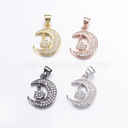 Brass Micro Pave Cubic Zirconia Pendants, Long-Lasting Plated, Moon and Star, Mixed Color, 18x14x2.5mm, Hole: 3.5x4mm(ZIRC-G125-55)