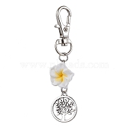 Handmade Polymer Clay Plumeria Pendant Decorations, Tree of Life Tibetan Style Alloy and Swivel Lobster Claw Clasps Charm, White, 72mm, Pendants: 38.5x17mm(HJEW-JM01660)