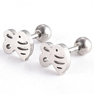 201 Stainless Steel Barbell Cartilage Earrings, Screw Back Earrings, with 304 Stainless Steel Pins, Bees, Stainless Steel Color, 6.5x7.5x2mm, Pin: 1mm(EJEW-R147-22)