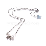 Stainless Steel Pendant Necklaces, with Pearl, Natural Aquamarine, Alloy Links and Brass Ball Head Pins, Sea Turtle, Stainless Steel Color, 16.14 inch(41cm)(NJEW-JN02319)