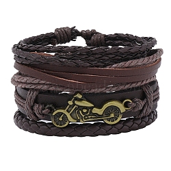 4Pcs 4 Style Adjustable Braided Imitation Leather Cord Bracelet Sets, Alloy Motorcycle Stackable Bracelets for Men, Coconut Brown, Inner Diameter: 2~3-1/8 inch(5~8cm), 1Pc/style(BJEW-F458-13)
