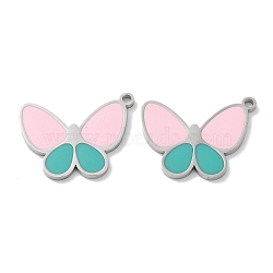 304 Stainless Steel Pendants, with Enamel, Butterfly Charm, Stainless Steel Color, Pink, 16.5x21x1.5mm, Hole: 1.6mm(STAS-P339-13P-01)