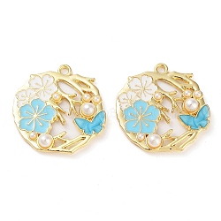 Rack Plating Alloy Enamel Pendants, with ABS Imitation Pearl, Golden, Flat Round with Flower Charm, Sky Blue, 28x27.5x5mm, Hole: 2mm(FIND-Q099-06G-03)