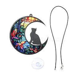Opaque Acrylic Big Pendants, Leather Strap with Plastic Accessories, Moon with Cat, Colorful, 127x120x3.5mm, Hole: 4mm(MACR-D084-01F)