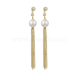 Natural Pearl Ear Studs, Tassel Earrings, with Sterling Silver Findings, Real 18K Gold Plated, 70x9.5mm(EJEW-P286-43G)