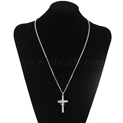 Titanium Steel Cross & Ring Pendant Necklaces, Word Lord's Prayer Necklace, Stainless Steel Color, 23.62 inch(60cm)(WG51503-01)