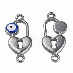 304 Stainless Steel Enamel Connector Charms, Stainless Steel Color, Heart-Shaped Lock with Evil Eye, Dark Blue, 23x11x3mm, Hole: 1.5mm(STAS-N087-65-03P)