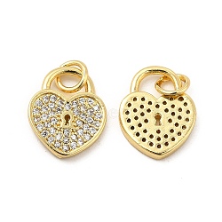 Brass Micro Pave Clear Cubic Zirconia Charms, with Jump Ring, Heart Lock Charm, Real 18K Gold Plated, 13.5x11x2mm, Hole: 3.5mm(KK-E068-VB127)