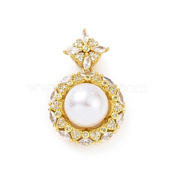 Eco-friendly Rack Plating Brass Micro Pave Cubic Zirconia Pendants, with ABS Platic Imitation Pearls, Cadmium Free & Lead Free, Long-Lasting Plated, Flower Charm, Real 18K Gold Plated, 32.5x20x13mm, Hole: 2.5x5mm(KK-F843-14G)