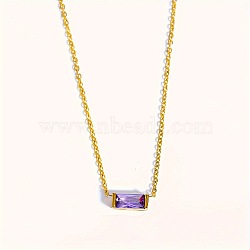 Birthstone Style Brass Cubic Zirconia Rectangle Pendant Necklaces for Women, Golden, Medium Slate Blue, 15.75 inch(40cm)(FS-WGDF12C-02)