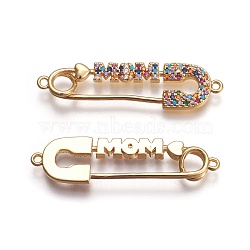 Mother's Day Theme, Brass Micro Pave Cubic Zirconia Links, Safety Pin Shape with Word MOM, Colorful, Golden, 10x38.5x2.5mm, Hole: 1.5mm(ZIRC-I021-04G)