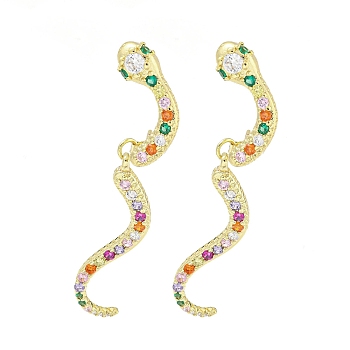 Snake Real 18K Gold Plated Brass Dangle Stud Earrings, with Cubic Zirconia, Colorful, 50x21mm