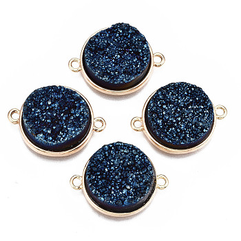 Natural Druzy Agate Links Connectors, with Light Gold Brass Findings, Dyed, Flat Round, Marine Blue, 24x18x6.5~7.5mm, Hole: 1.8mm