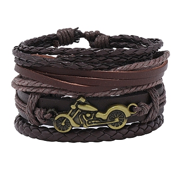 4Pcs 4 Style Adjustable Braided Imitation Leather Cord Bracelet Sets, Alloy Motorcycle Stackable Bracelets for Men, Coconut Brown, Inner Diameter: 2~3-1/8 inch(5~8cm), 1Pc/style