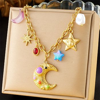 304 Stainless Steel with Plastic Bib Necklaces for Women, Sun & Moon, Colorful, Golden, 16.42 inch(41.7cm)