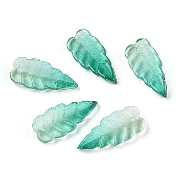Baking Paint Transparent Glass Petal Beads, Leaf, Sea Green, 23.5x10x4.5mm, Hole: 1~1.2mm, about 980~1000pcs/set