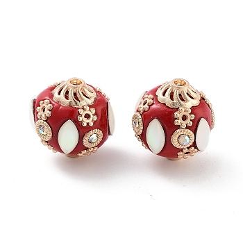 Handmade Indonesia Beads, with Alloy, Resin and Glass, Round with Oval, Golden, FireBrick, 17.5x17mm, Hole: 1.8mm