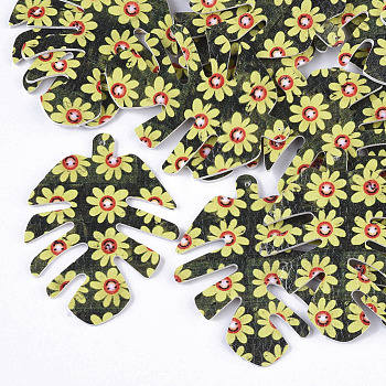 PU Leather Big Pendants, Double-Sided Printing, Flower Pattern, Leaf, Dark Olive Green, 55x43x2mm, Hole: 1mm