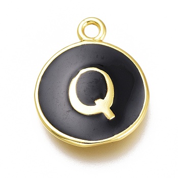 Brass Enamel Pendants, Long-Lasting Plated, Black, Golden, Flat Round, Letter.Q, 16.5x13x2mm, Hole: 1.5mm