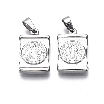 304 Stainless Steel Pendants, Rectangle with Cross, Saint Benedict Medal, Stainless Steel Color, 24x15x3.5mm, Hole: 4x6mm
