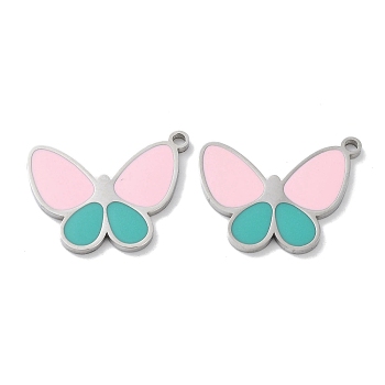 304 Stainless Steel Pendants, with Enamel, Butterfly Charm, Stainless Steel Color, Pink, 16.5x21x1.5mm, Hole: 1.6mm