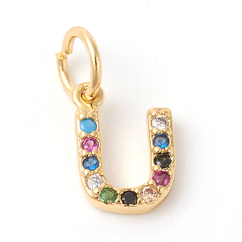 Brass Micro Pave Colorful Cubic Zirconia Charms, Golden, Letter.U, 8.5x6x2mm, Hole: 3mm