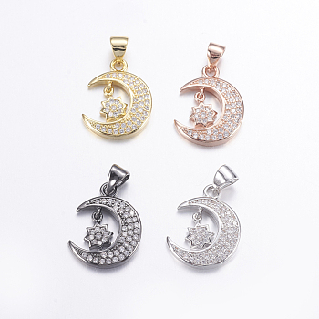 Brass Micro Pave Cubic Zirconia Pendants, Long-Lasting Plated, Moon and Star, Mixed Color, 18x14x2.5mm, Hole: 3.5x4mm
