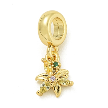 Rack Plating Brass Pave Colorful Cubic Zirconia Flower European Dangle Charms, Large Hole Pendants, Lead Free & Cadmium Free, Long-Lasting Plated, Real 18K Gold Plated, 10.5x8.5x2.7mm, Hole: 4.6mm