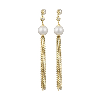 Natural Pearl Ear Studs, Tassel Earrings, with Sterling Silver Findings, Real 18K Gold Plated, 70x9.5mm