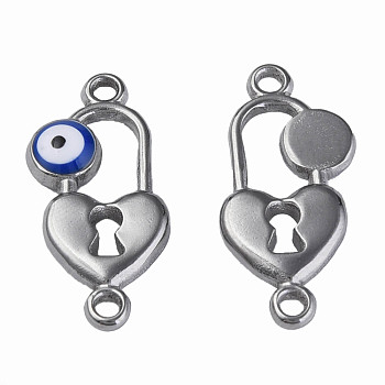 304 Stainless Steel Enamel Connector Charms, Stainless Steel Color, Heart-Shaped Lock with Evil Eye, Dark Blue, 23x11x3mm, Hole: 1.5mm