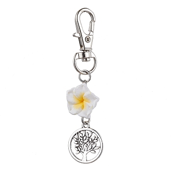 Handmade Polymer Clay Plumeria Pendant Decorations, Tree of Life Tibetan Style Alloy and Swivel Lobster Claw Clasps Charm, White, 72mm, Pendants: 38.5x17mm