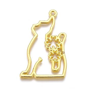 Alloy Open Back Bezel Pendants, For DIY UV Resin, Epoxy Resin, Pressed Flower Jewelry, Cat with Flower, Golden, 44x27x2mm, Hole: 2mm